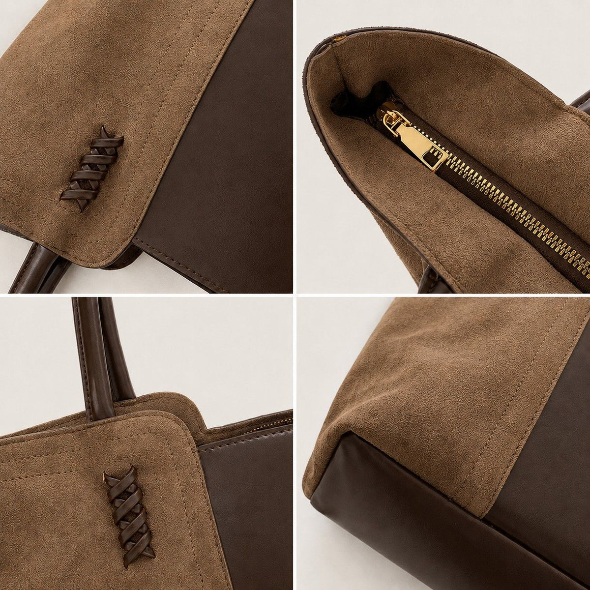 Faux Suede Tote Bag with Double Shoulder Handles Zip Closure and Interior Pockets