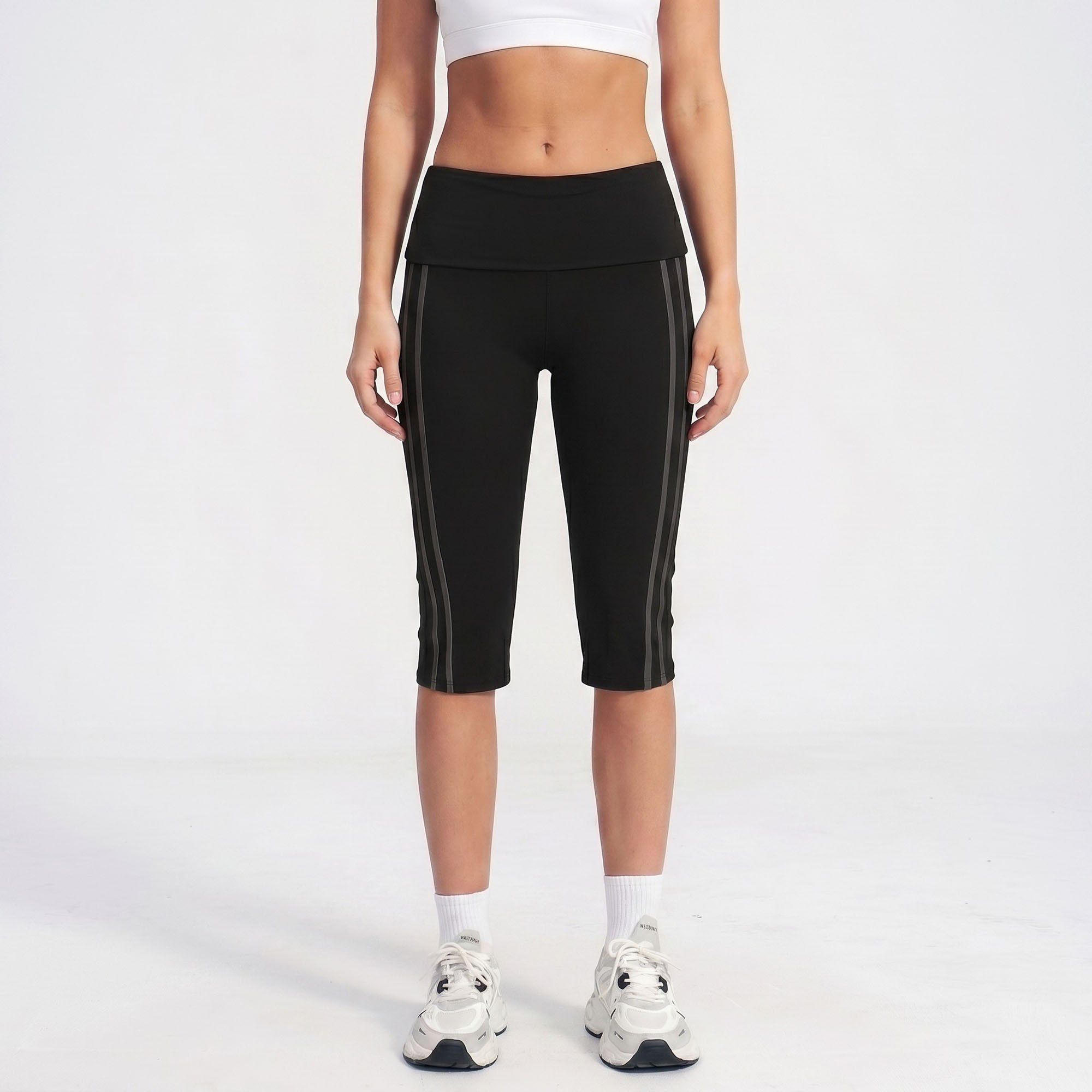 High Waist Side Stripe Capri Leggings Wide Waistband Cropped Workout Yoga Pants