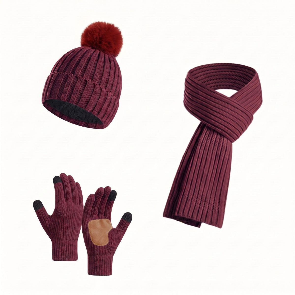 3 Piece Pom Beanie Scarf and Touchscreen Gloves Winter Set