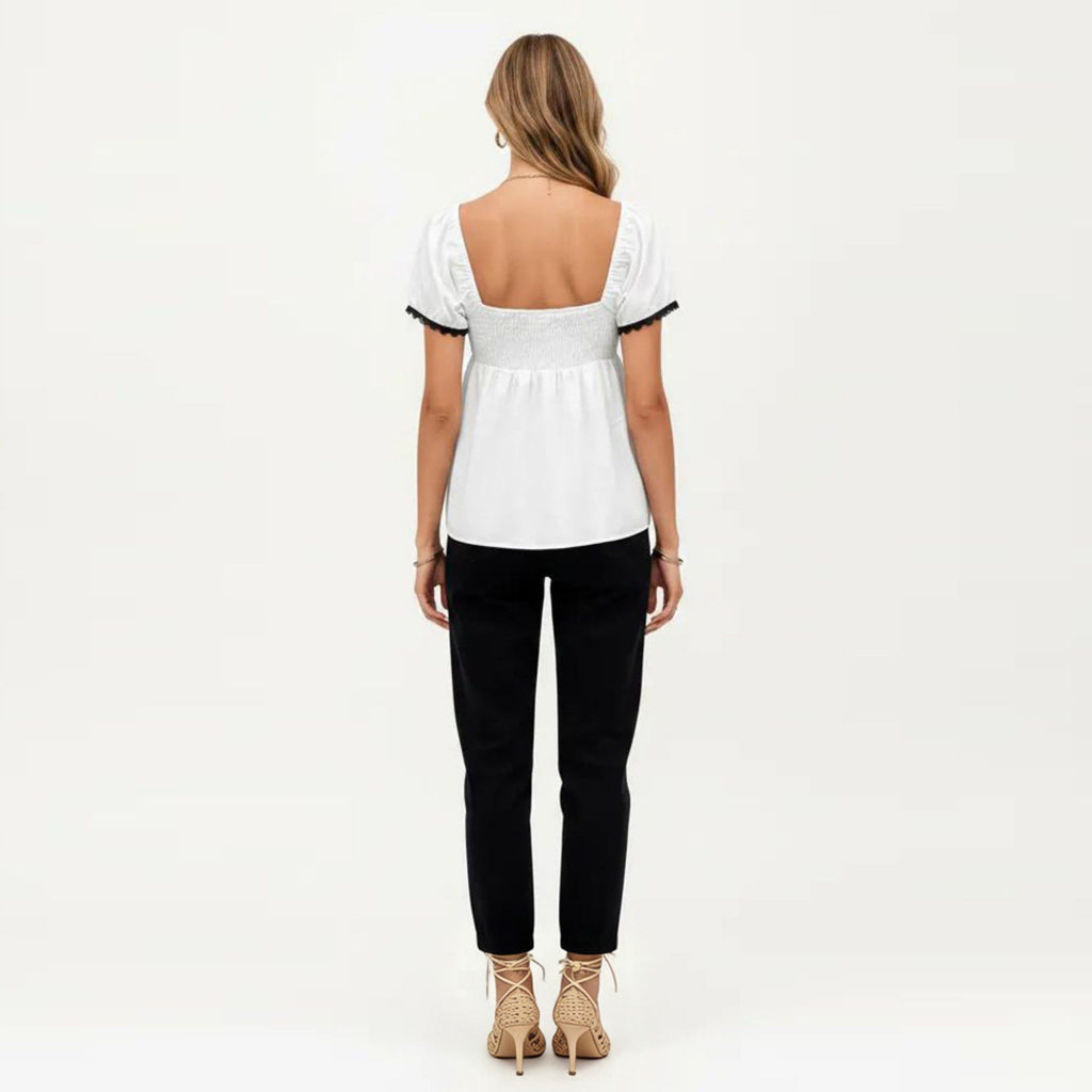 Anna-Kaci Women's French Style Lace Trim Puff Sleeve Empire Waist Blouse
