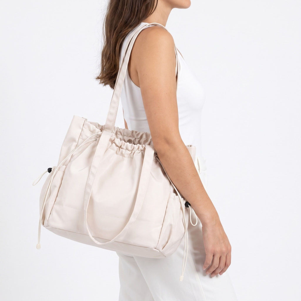 Drawstring Tote Bag with Long Shoulder Straps and Adjustable Side Pockets 12.5x13x5.5in