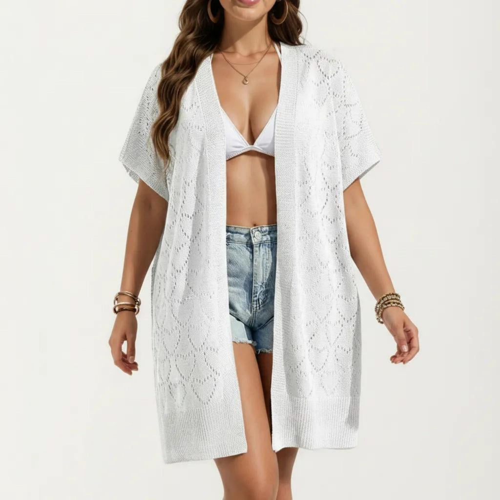 Anna-Kaci Women's Open Front Knit Cardigan with Heart Pointelle Pattern Short Sleeves Relaxed Mid Length Fit
