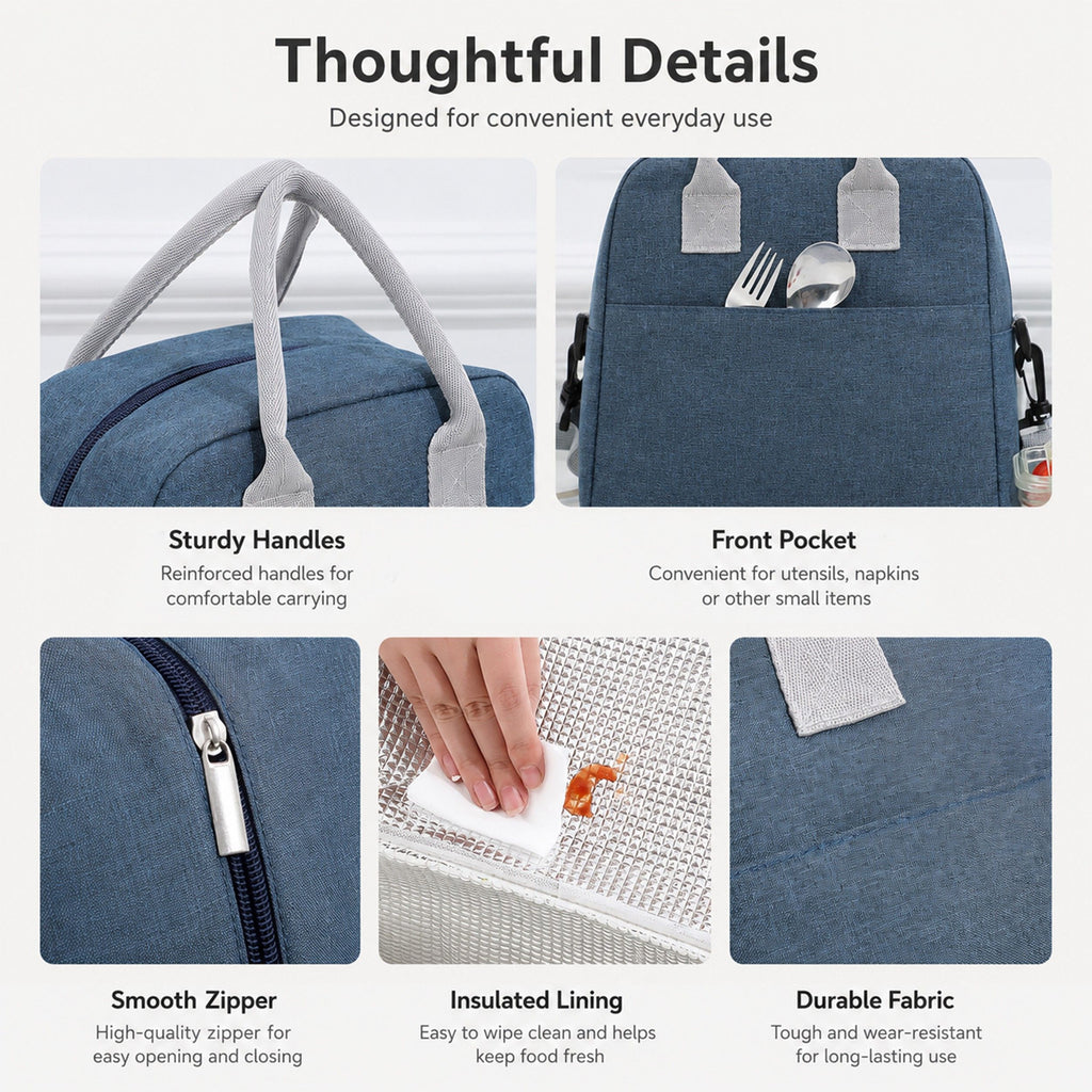 Insulated Lunch Tote Bag with Front Pocket and Adjustable Shoulder Strap