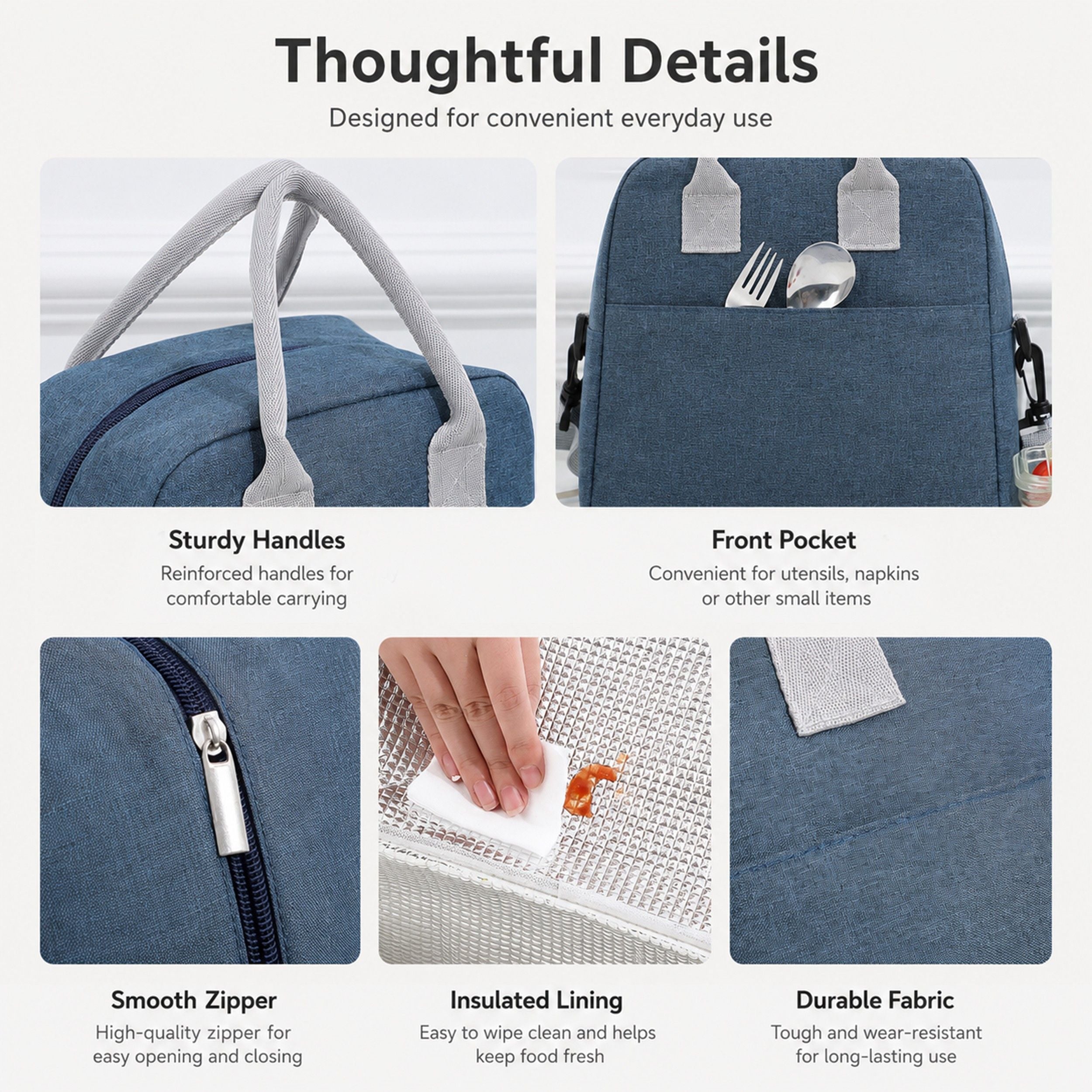 Insulated Lunch Tote Bag with Front Pocket and Adjustable Shoulder Strap