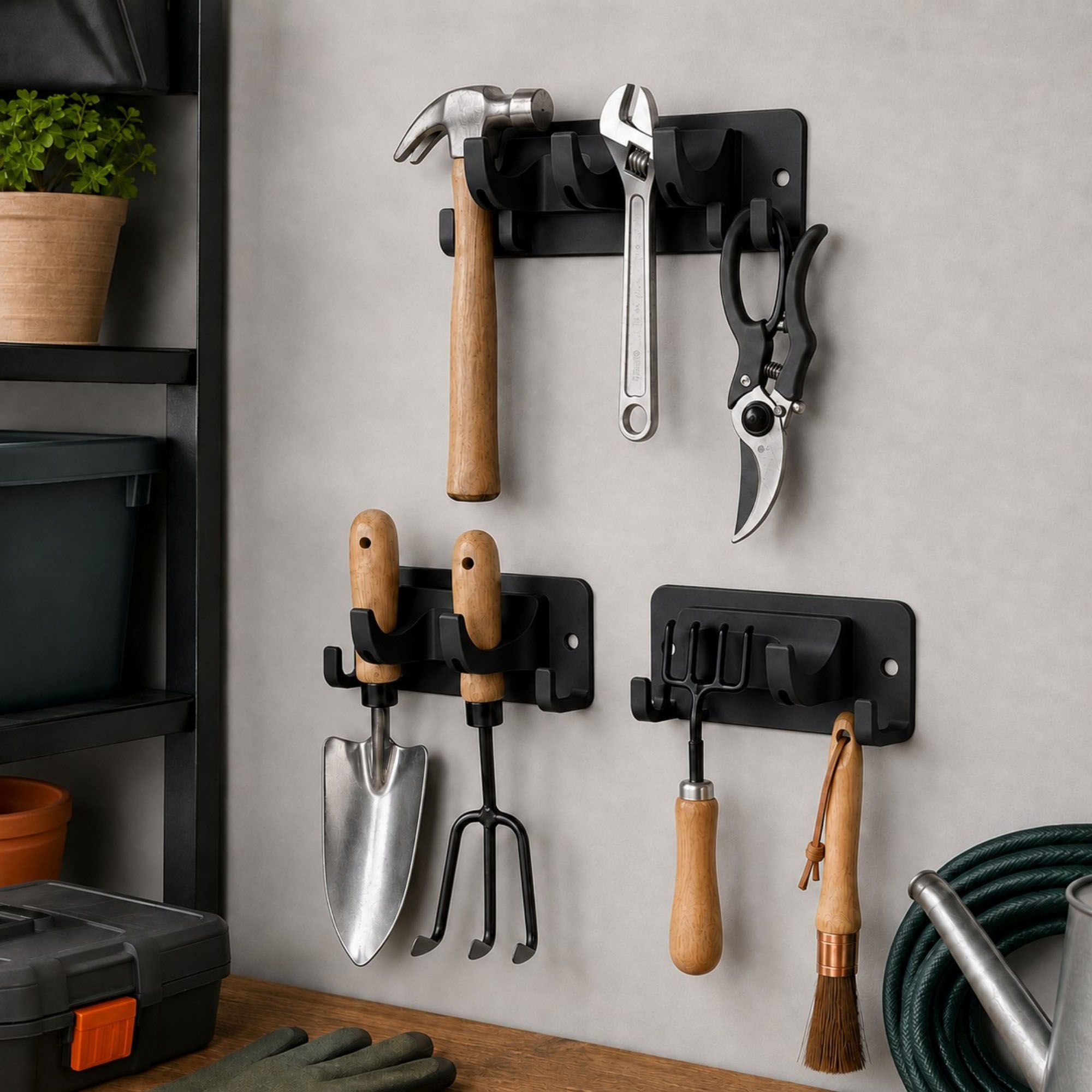 3-piece Wall Mounted Garden Tool Organizer Rack with Multi Hooks