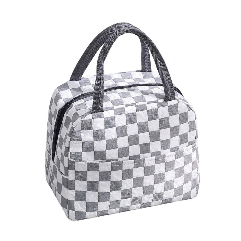 Checkered Insulated Lunch Bag Reusable Zipper Tote with Front Pocket