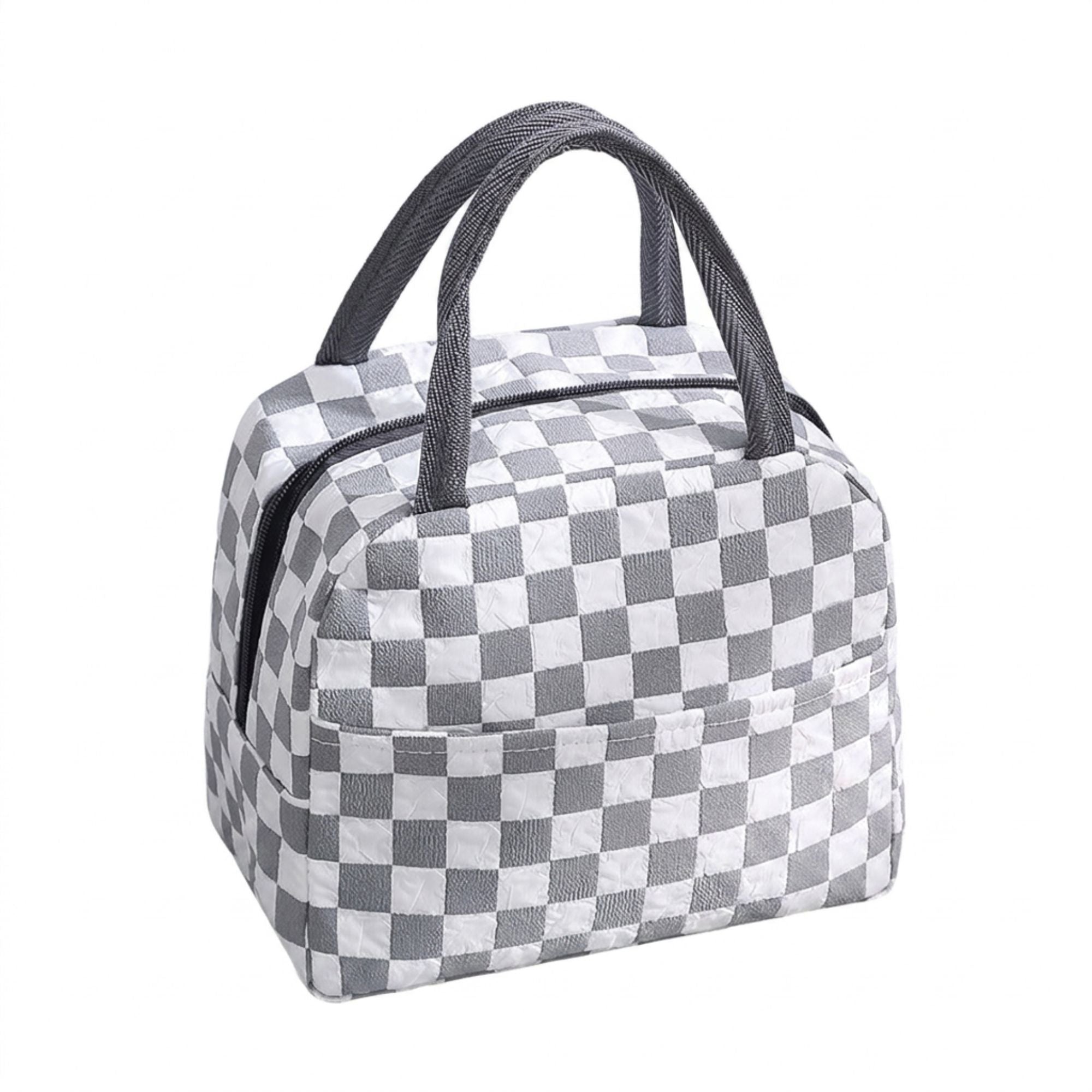 Checkered Insulated Lunch Bag Reusable Zipper Tote with Front Pocket