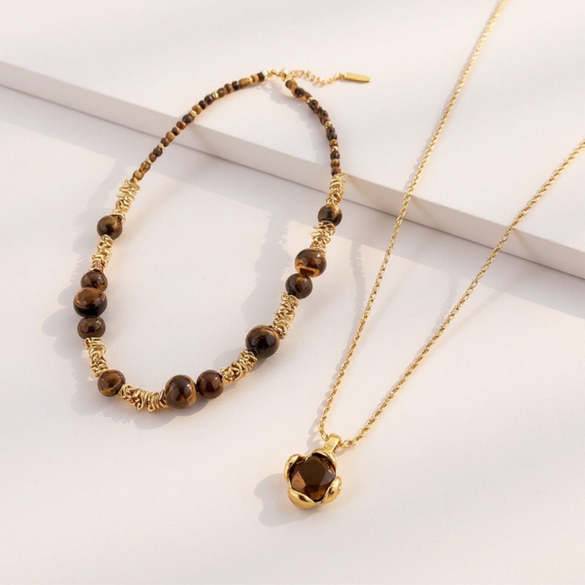Women's Layered Necklace Set with Beaded Choker and Gemstone Pendant