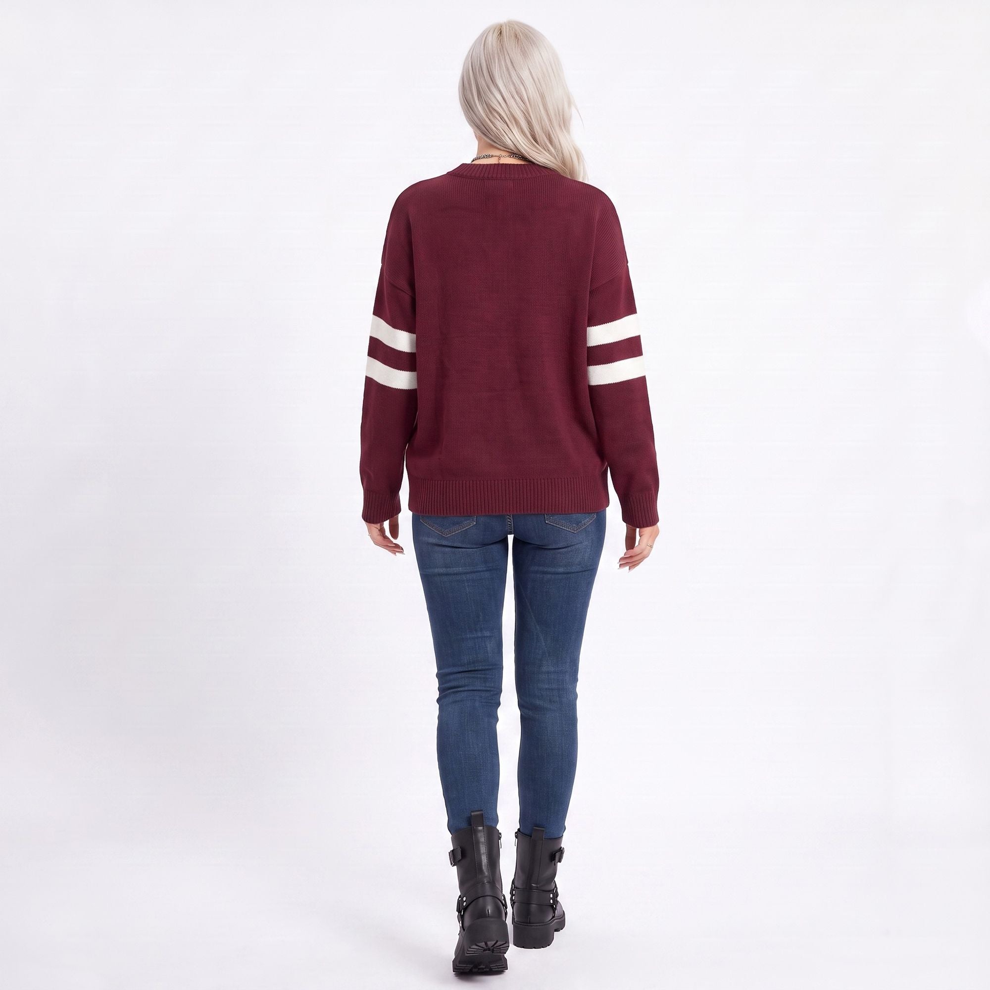 Star Graphic Striped Sleeve Crewneck Knit Sweater