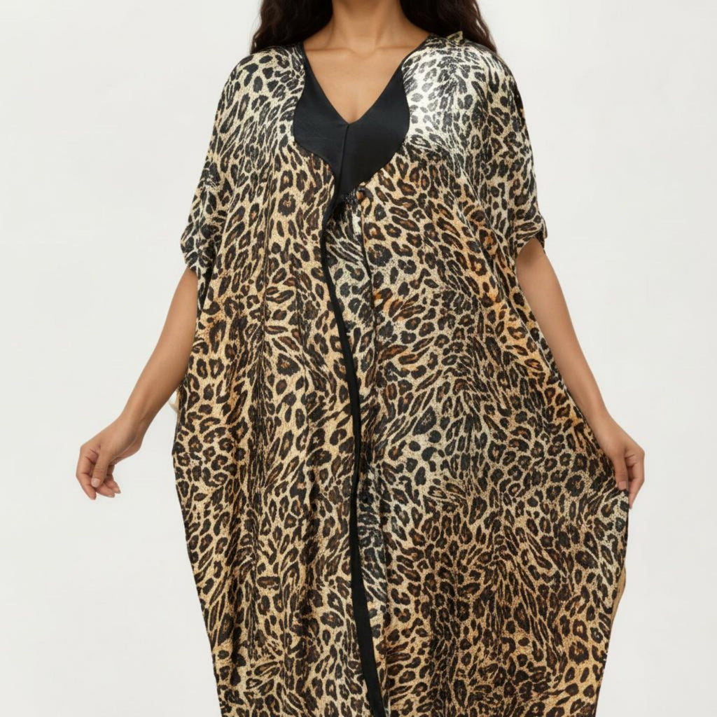 Anna-Kaci Women's Abstract Print Maxi Kaftan Dress with Contrast Trim and Relaxed Flowy Silhouette