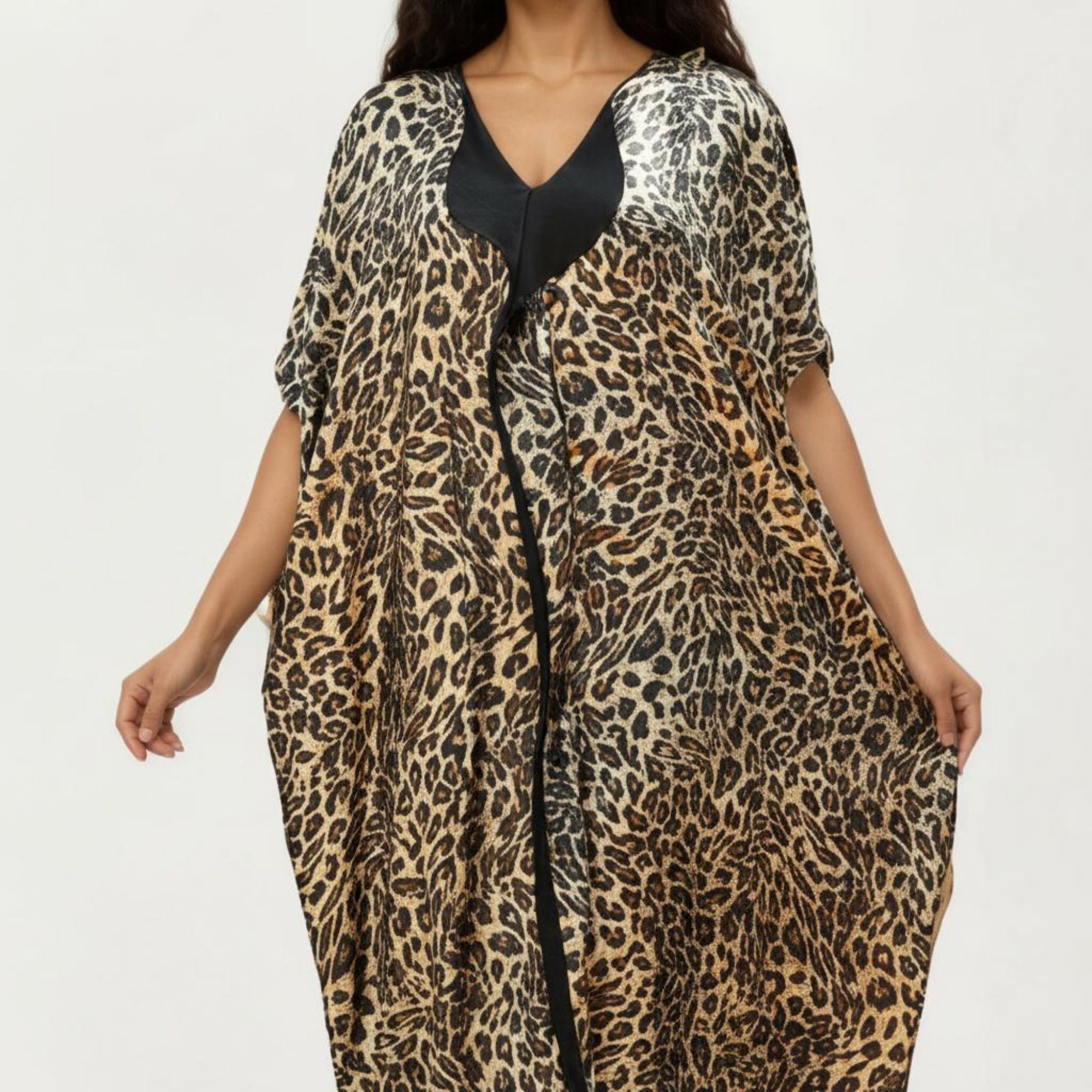 Anna-Kaci Women's Abstract Print Maxi Kaftan Dress with Contrast Trim and Relaxed Flowy Silhouette