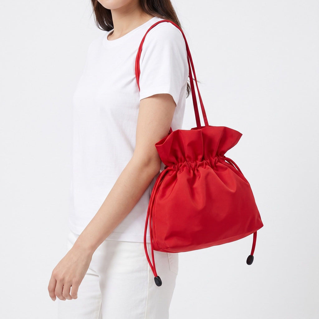 Drawstring Bucket Bag with Double Top Handles and Ruched Opening 11x9x4.5in