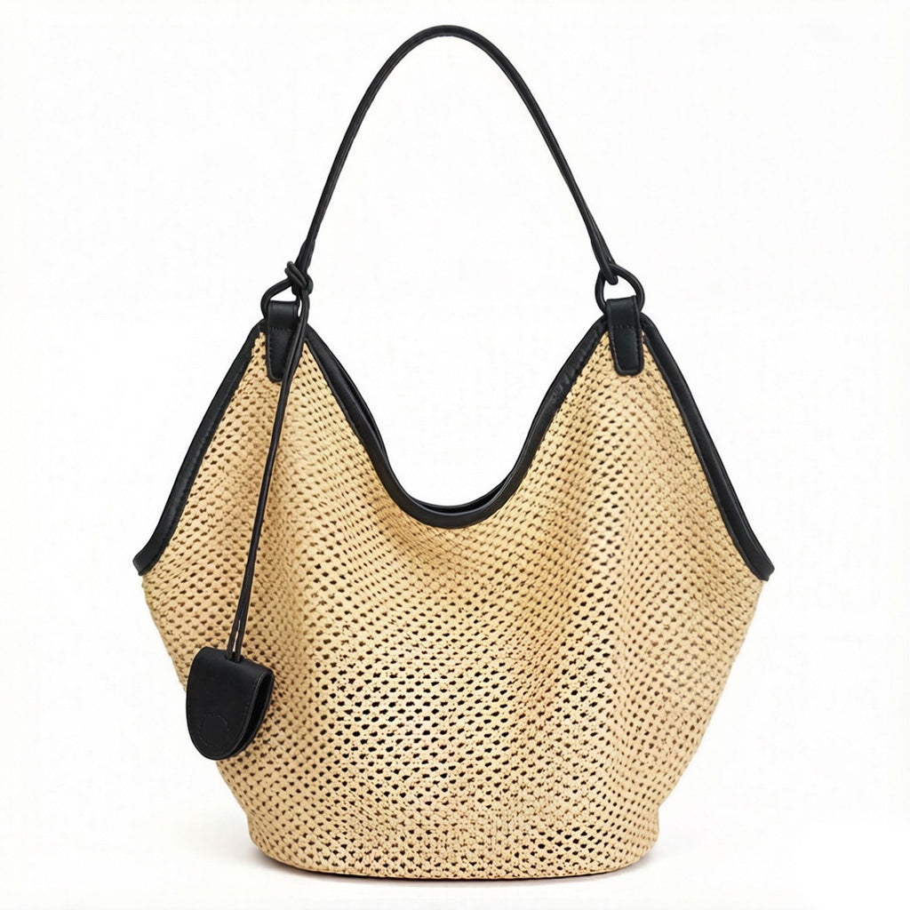 Woven Shoulder Bag with Faux Leather Trim Slouchy Hobo Handbag Lightweight Large Capacity Tote