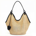 Woven Shoulder Bag with Faux Leather Trim Slouchy Hobo Handbag Lightweight Large Capacity Tote