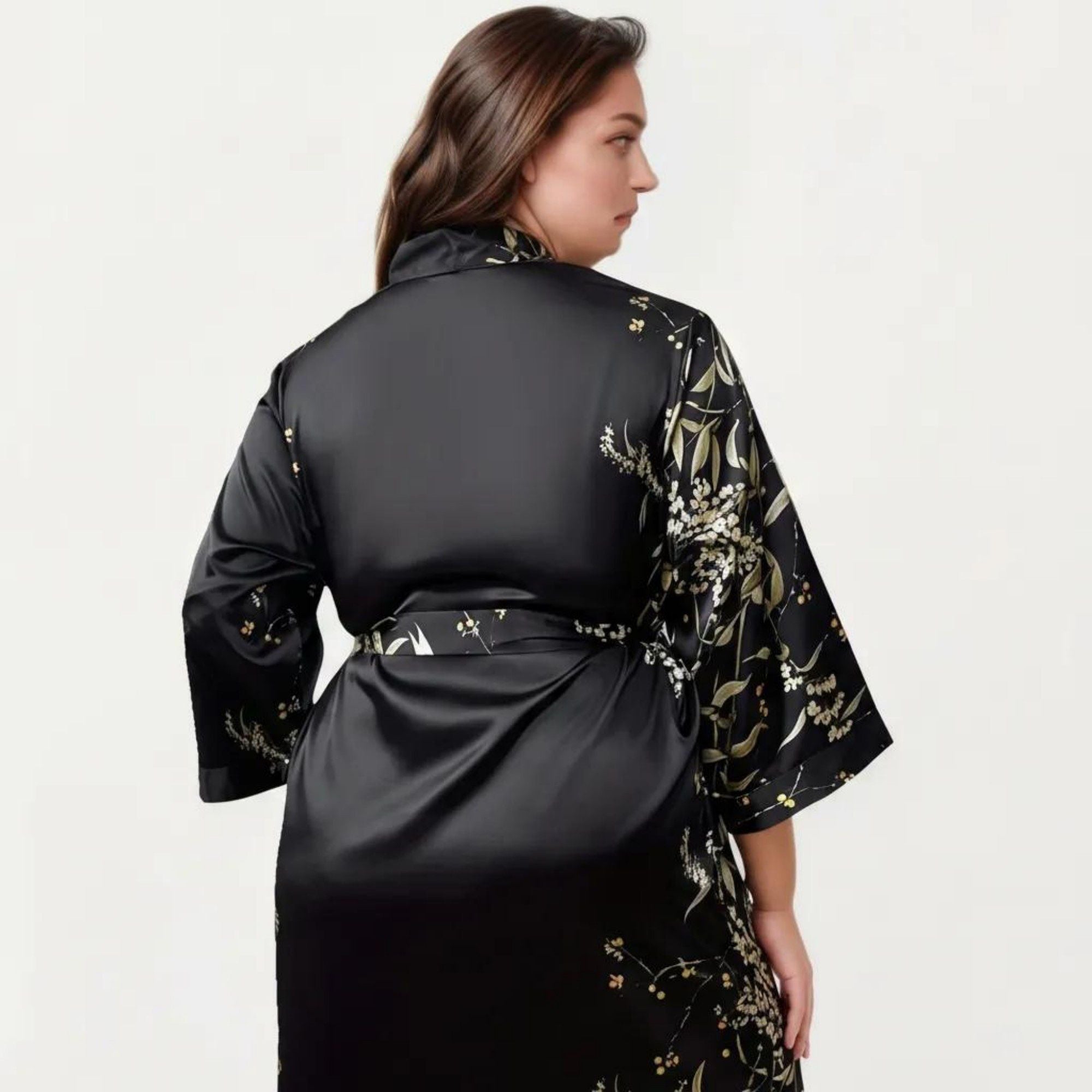 Anna-Kaci Lounge Women's Plus Size Satin Floral Kimono Robe with Self Tie Belt Longline Open Front Lightweight Sleepwear