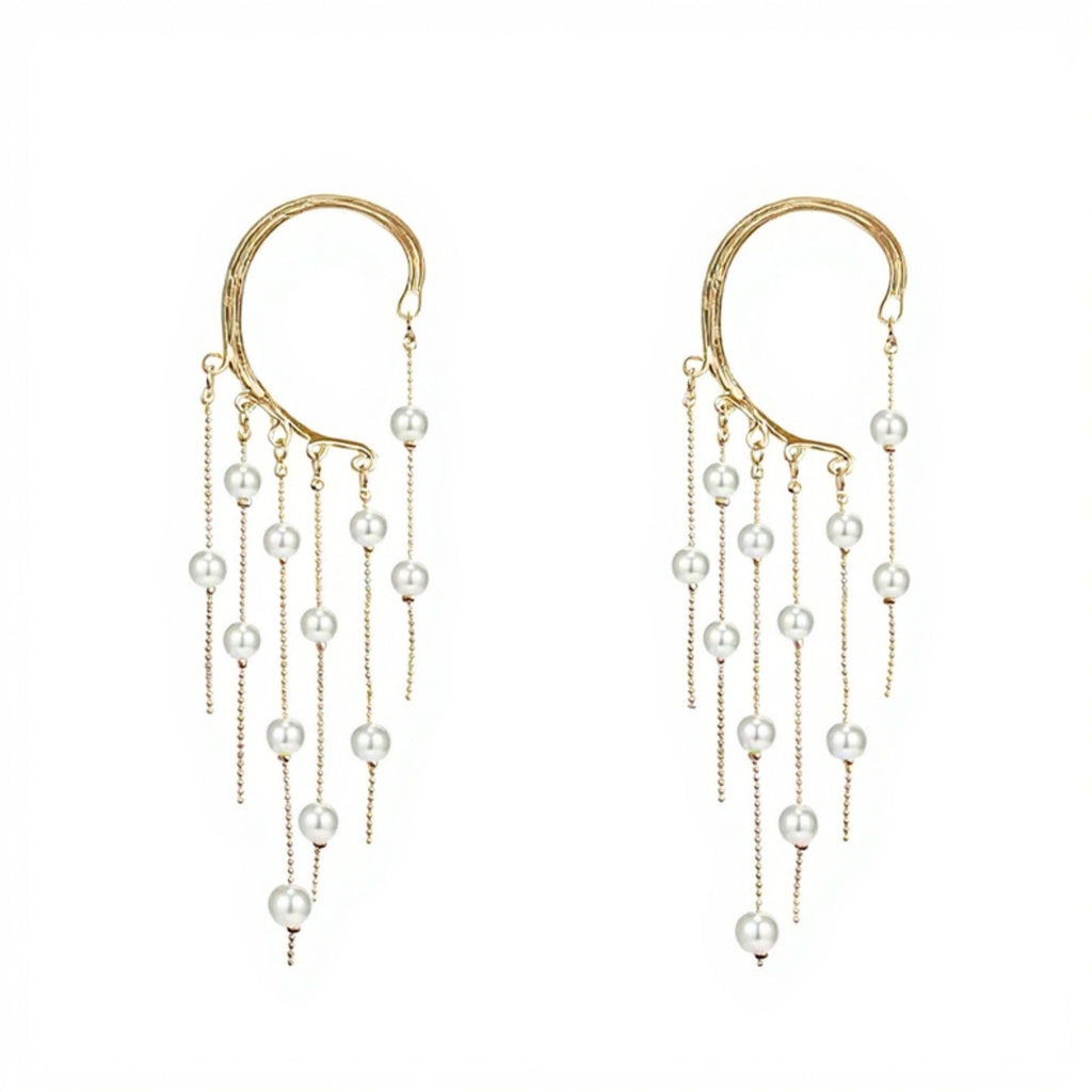 Women's Gold Tone Ear Cuff Drop Earrings with Layered Chains and Simulated Pearl Dangles