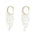 Women's Gold Tone Ear Cuff Drop Earrings with Layered Chains and Simulated Pearl Dangles