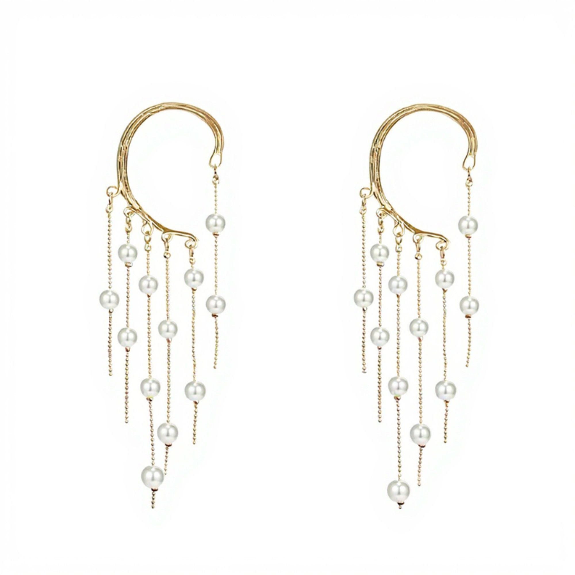 Women's Gold Tone Ear Cuff Drop Earrings with Layered Chains and Simulated Pearl Dangles