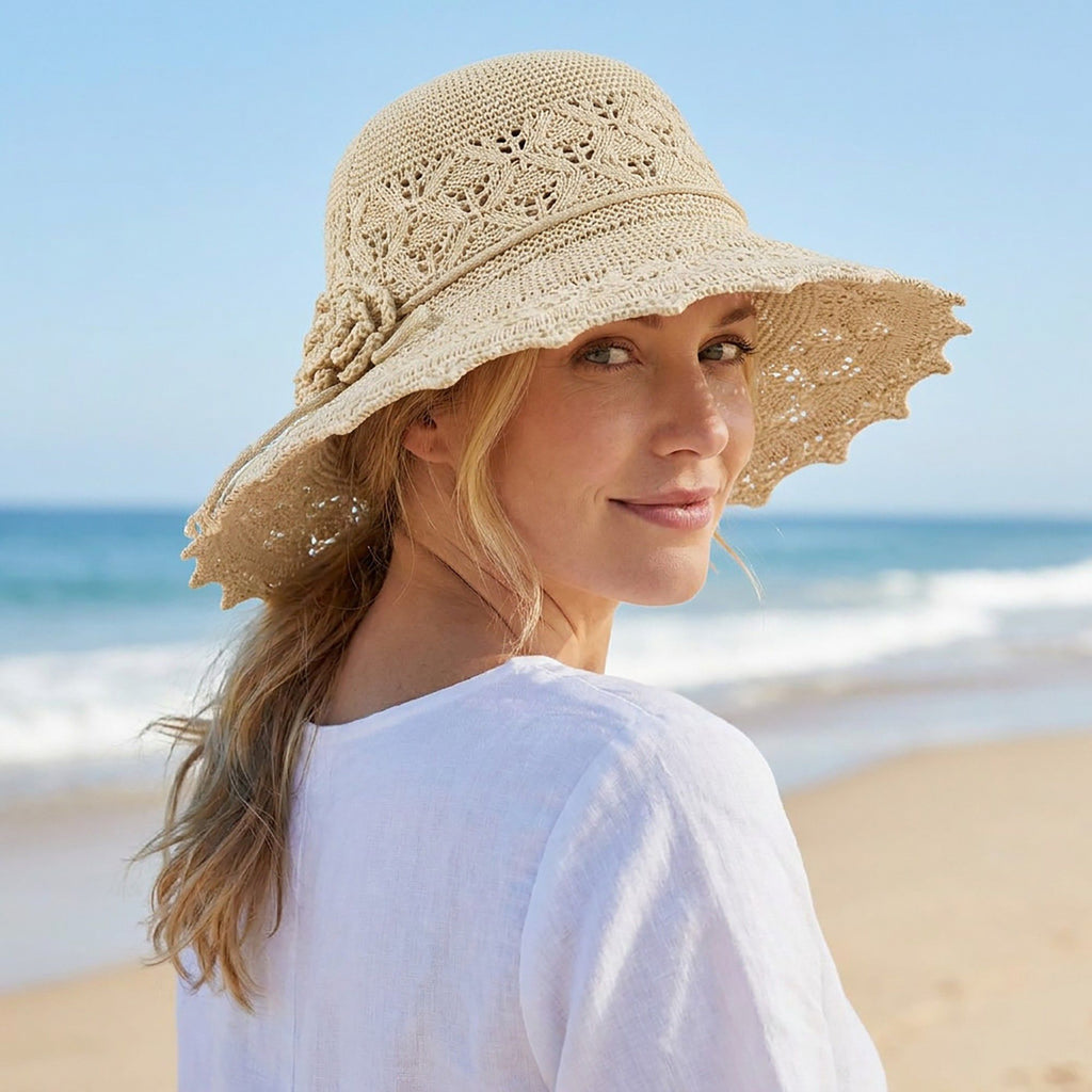 Crochet Wide Brim Sun Hat with Scalloped Edge Floral Accent and Chin Strap