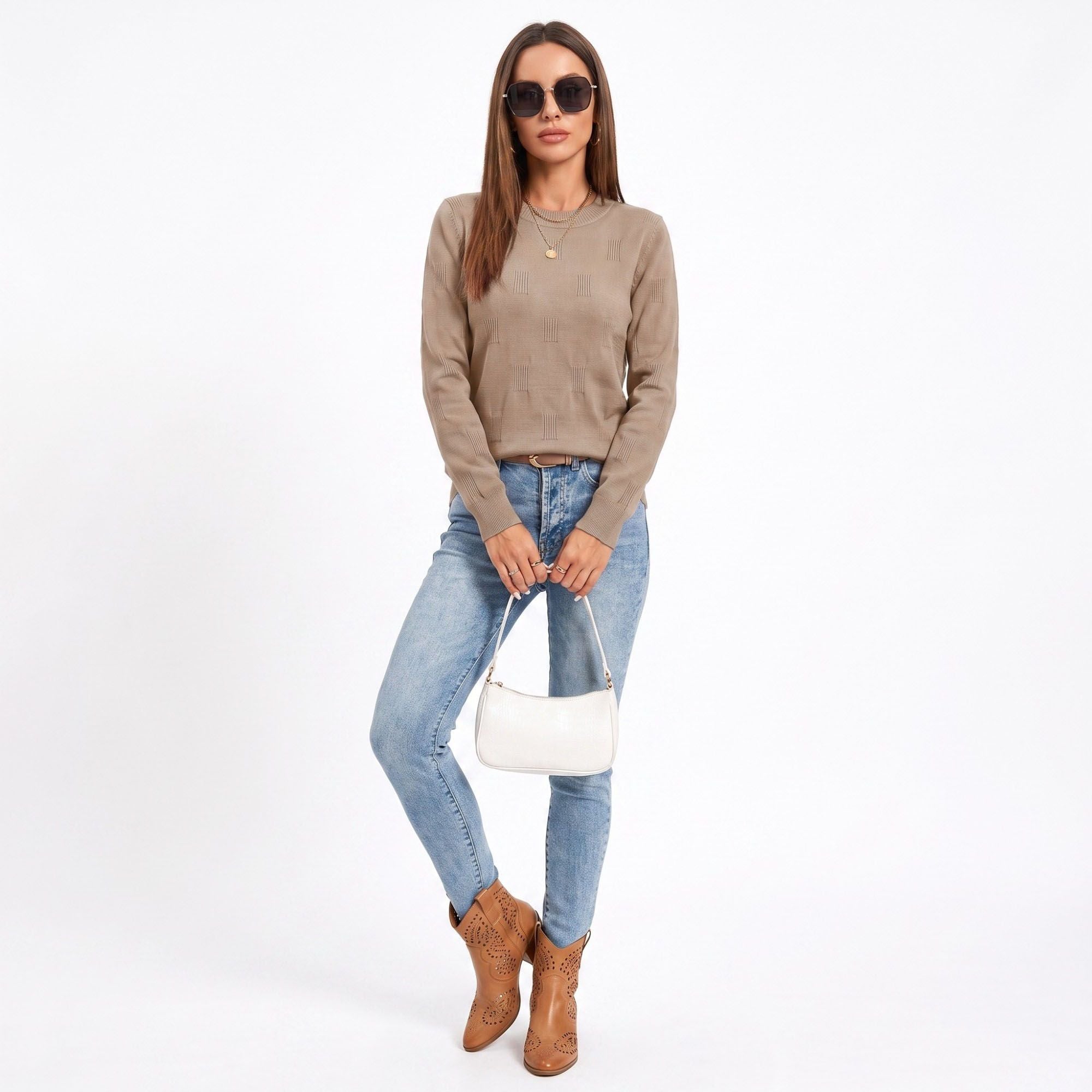 Textured Geometric Crew Neck Long Sleeve Knit Sweater