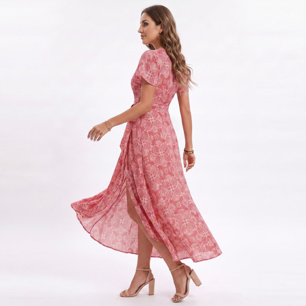 Floral Print Wrap Maxi Dress with V Neck Short Flutter Sleeves Tie Waist and Front Slit