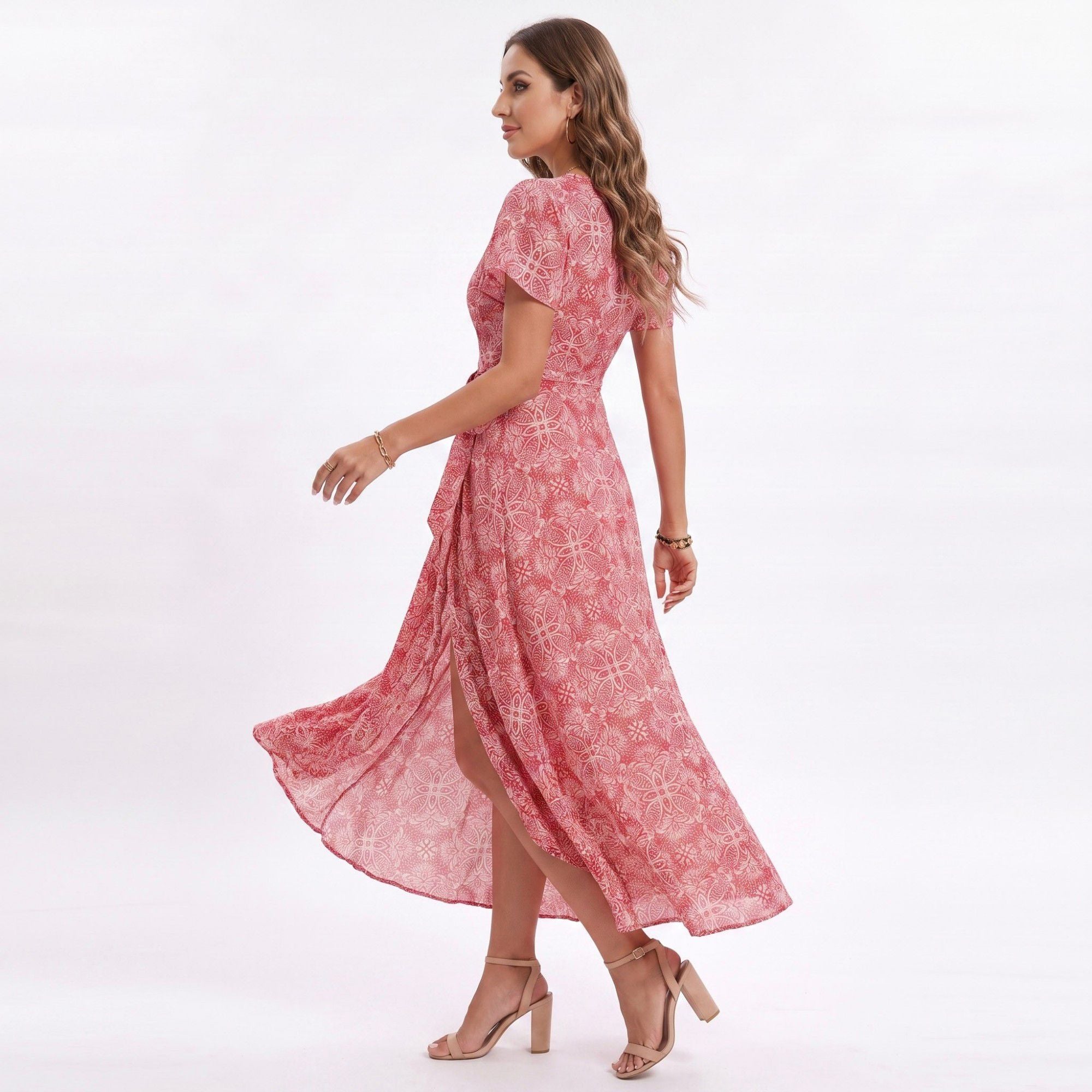 Floral Print Wrap Maxi Dress with V Neck Short Flutter Sleeves Tie Waist and Front Slit