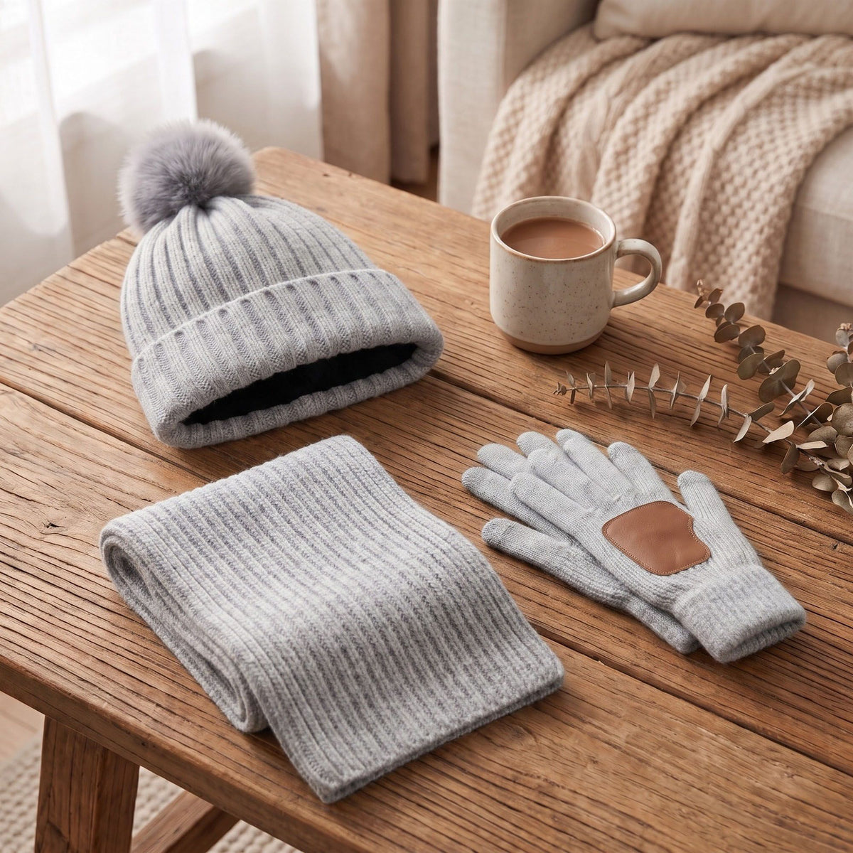 3 Piece Pom Beanie Scarf and Touchscreen Gloves Winter Set