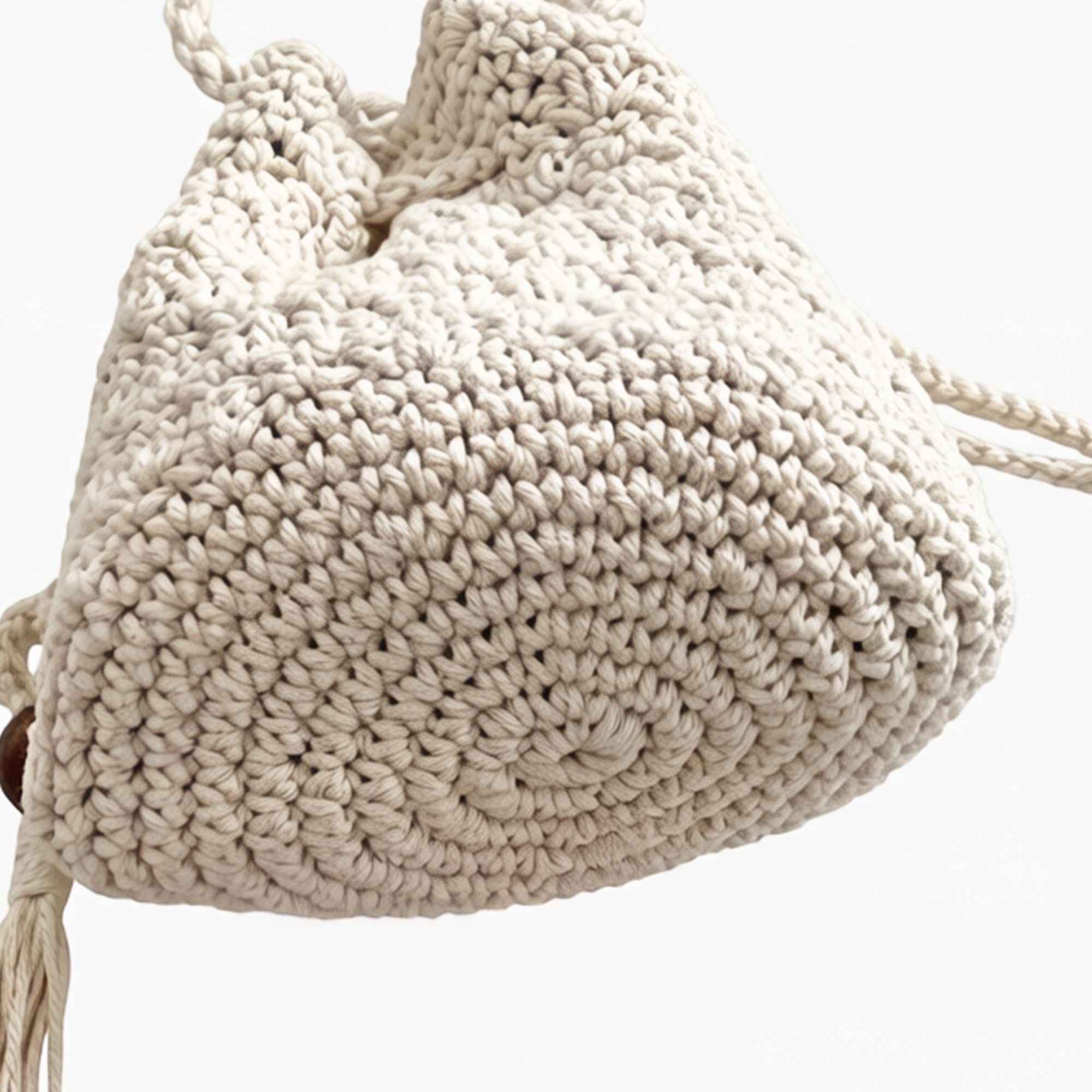 Crochet Bucket Bag with Drawstring Closure Tassel Detail Long Strap Knit Crossbody Handbag