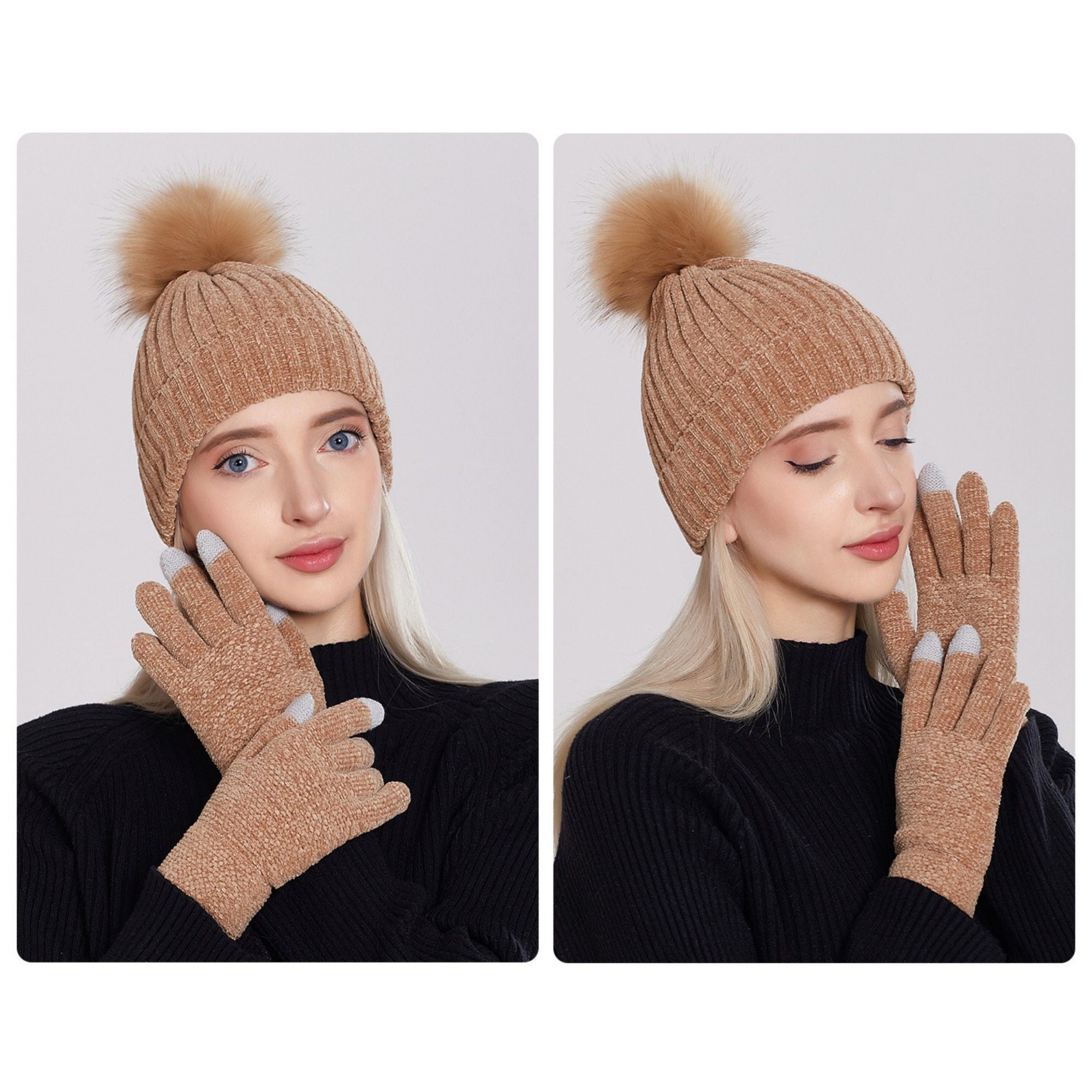 Anna-Kaci Knit Beanie and Touchscreen Gloves 2-Piece Winter Accessory Set with Ribbed Cuff Design and Fluffy Pom Pom Detail