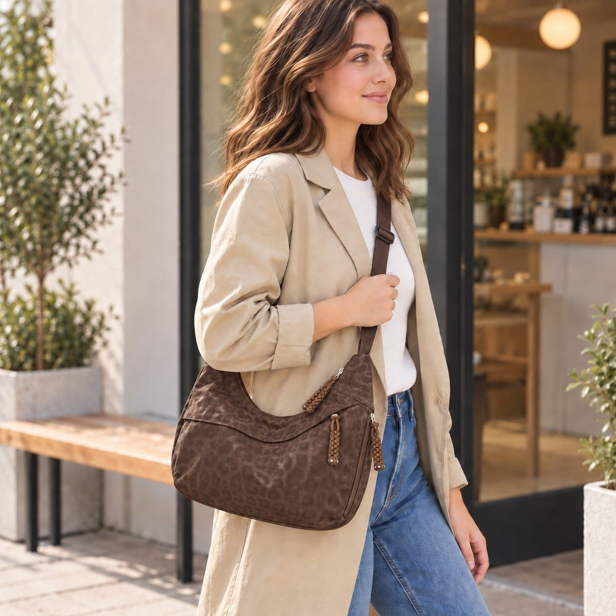 Leopard Faux Suede Hobo Crossbody Bag with Adjustable Strap and Zip Closure