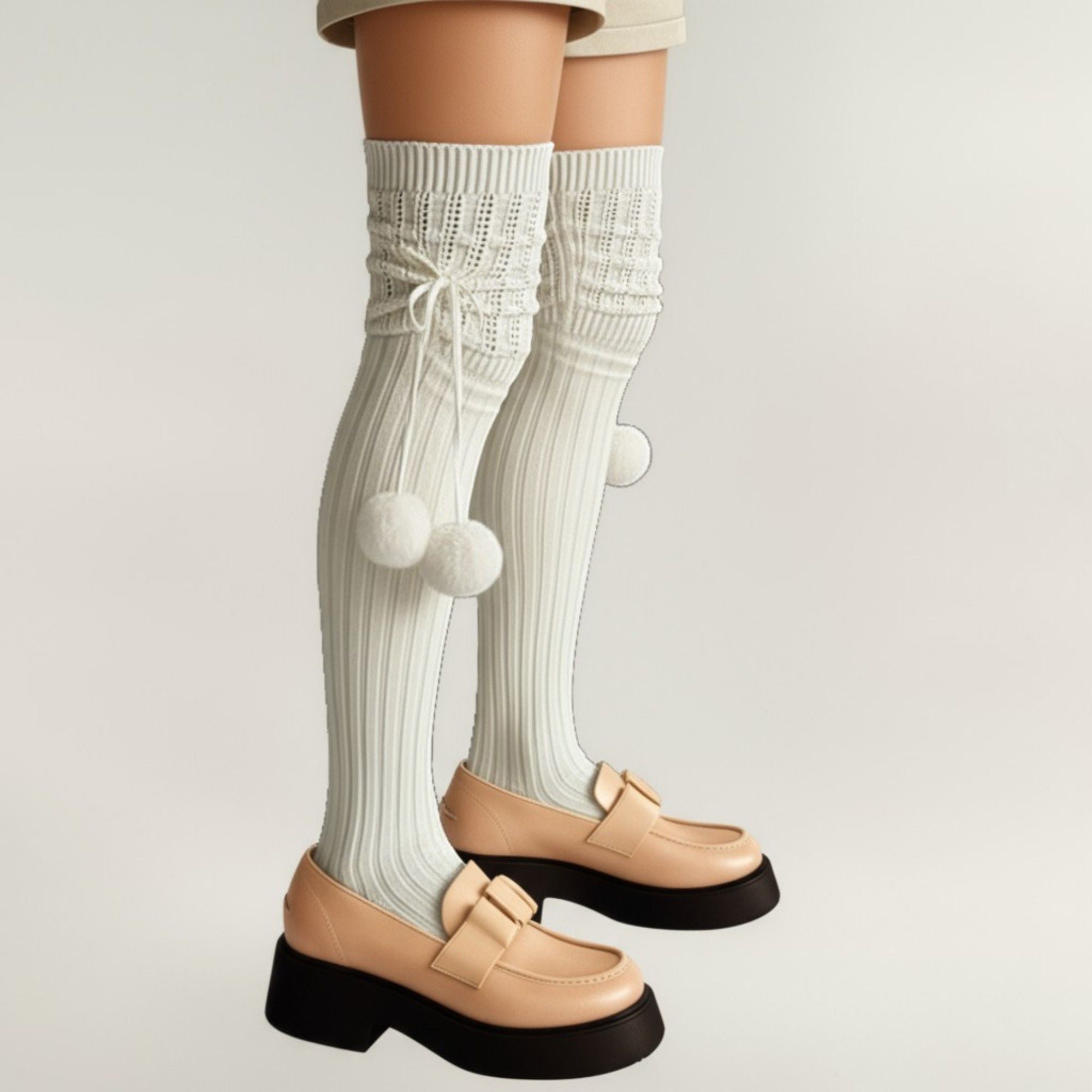 Anna-Kaci 2pcs Women's Over-the-Knee Knit Socks with Pom Pom Tie and Ribbed Pattern