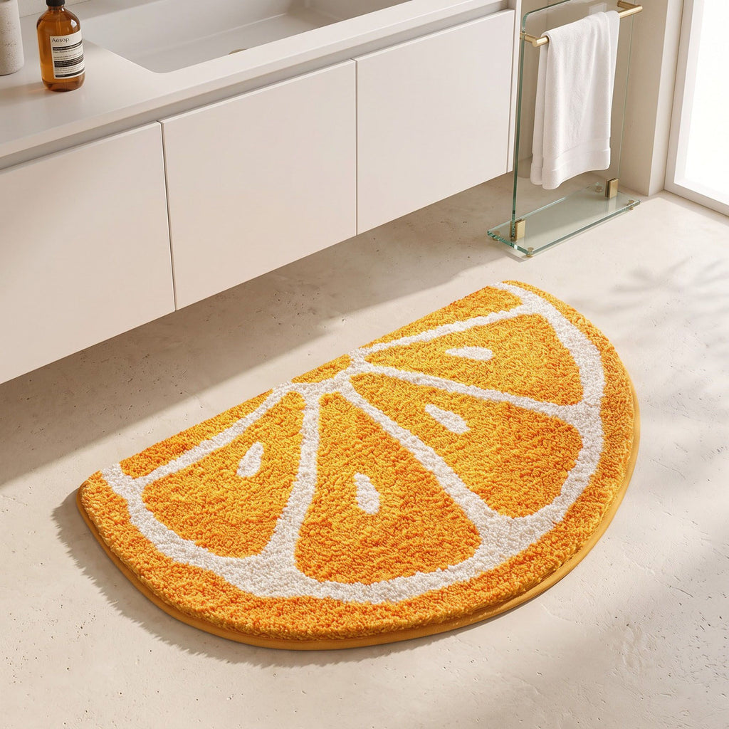 Kiwi Fruit Slice Plush Semicircle Bathroom Mat with Green Tufted Design