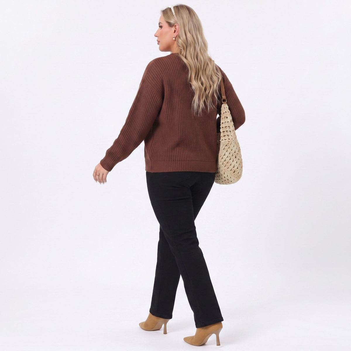 Plus Size Contrast Collar V-Neck Ribbed Sweater
