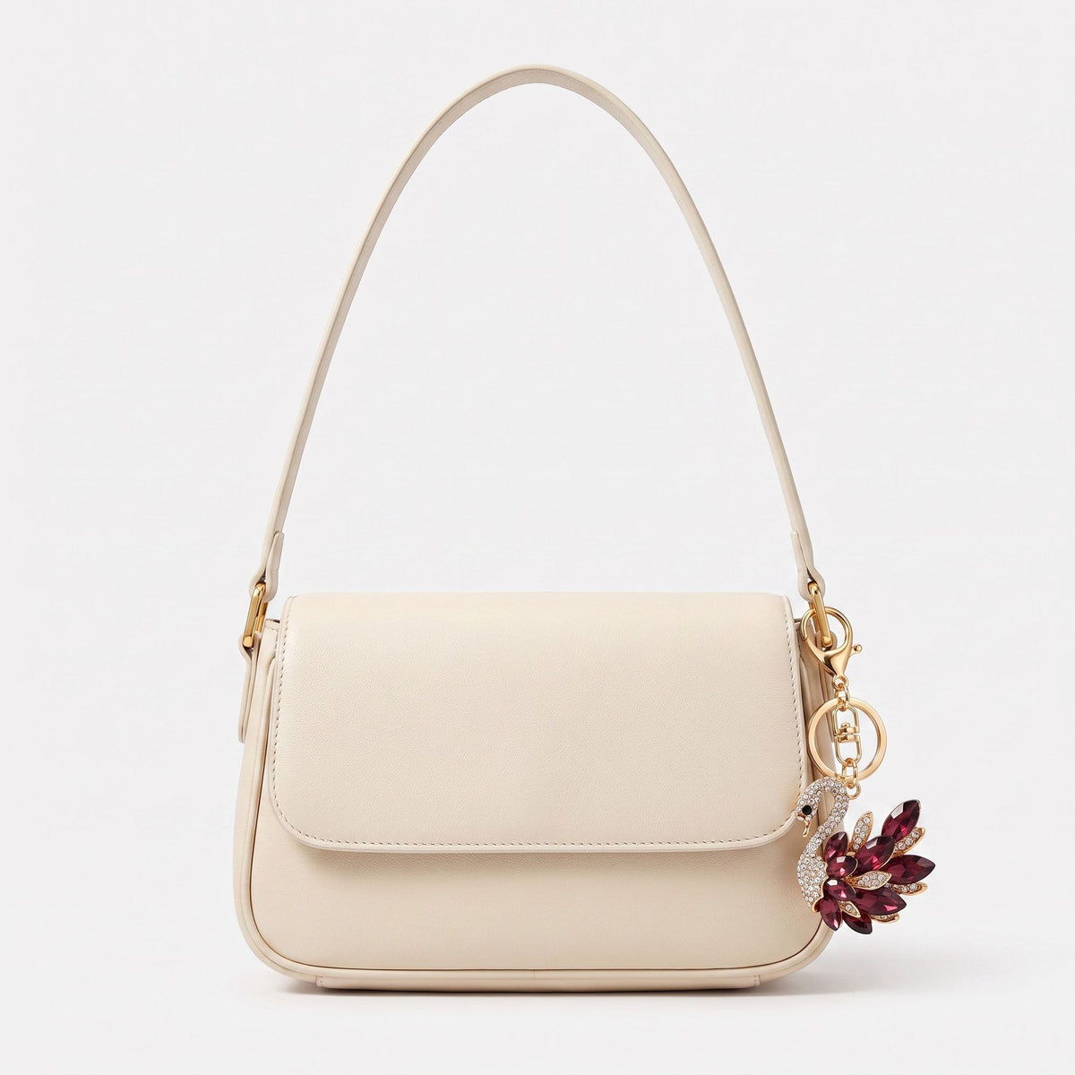 Swan Rhinestone Keychain Bag Charm with Crystal Petal Accents and Gold Tone Clasp