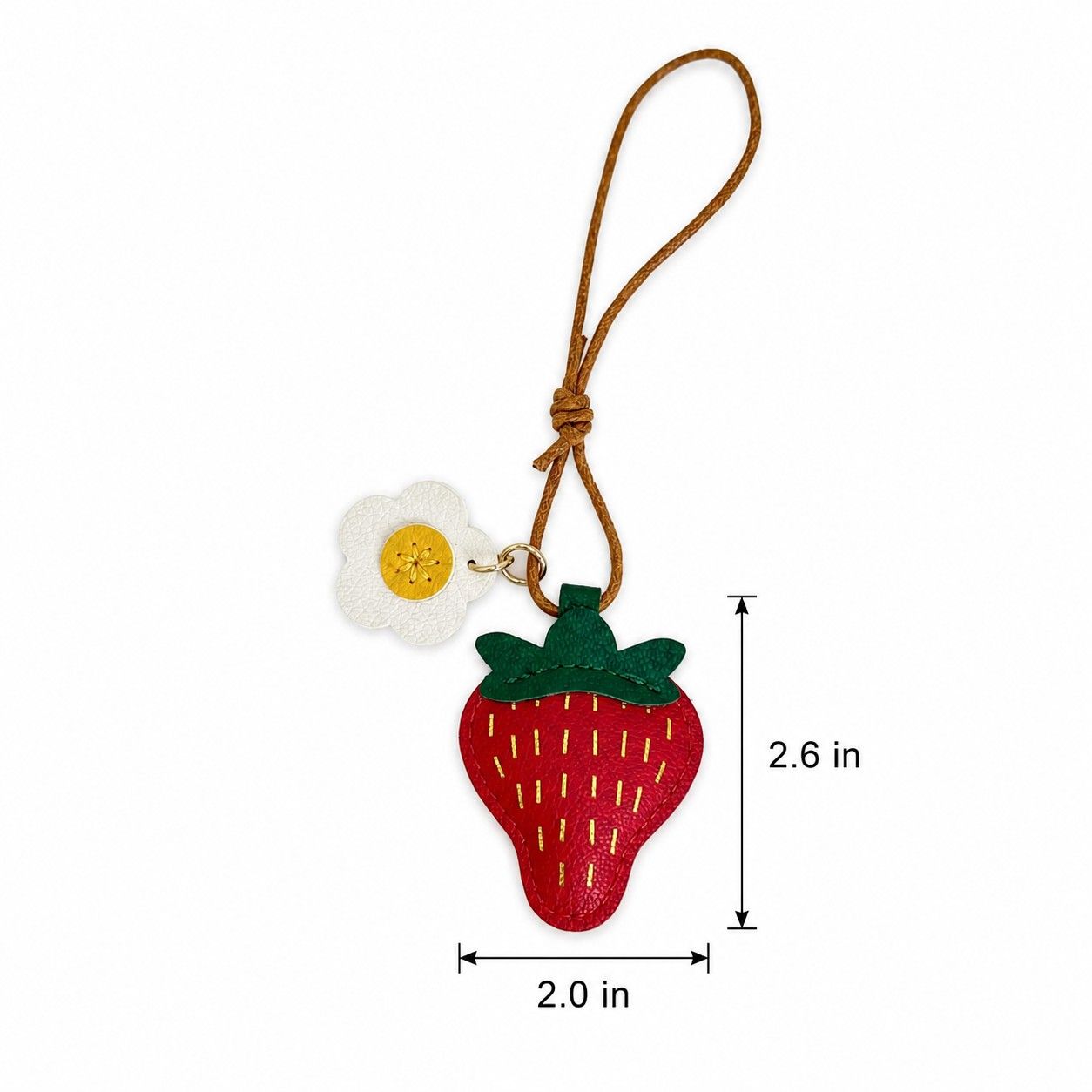 2-Pack Stitched Strawberry Bag Charm Keychains with Daisy Accents and Cord Loops