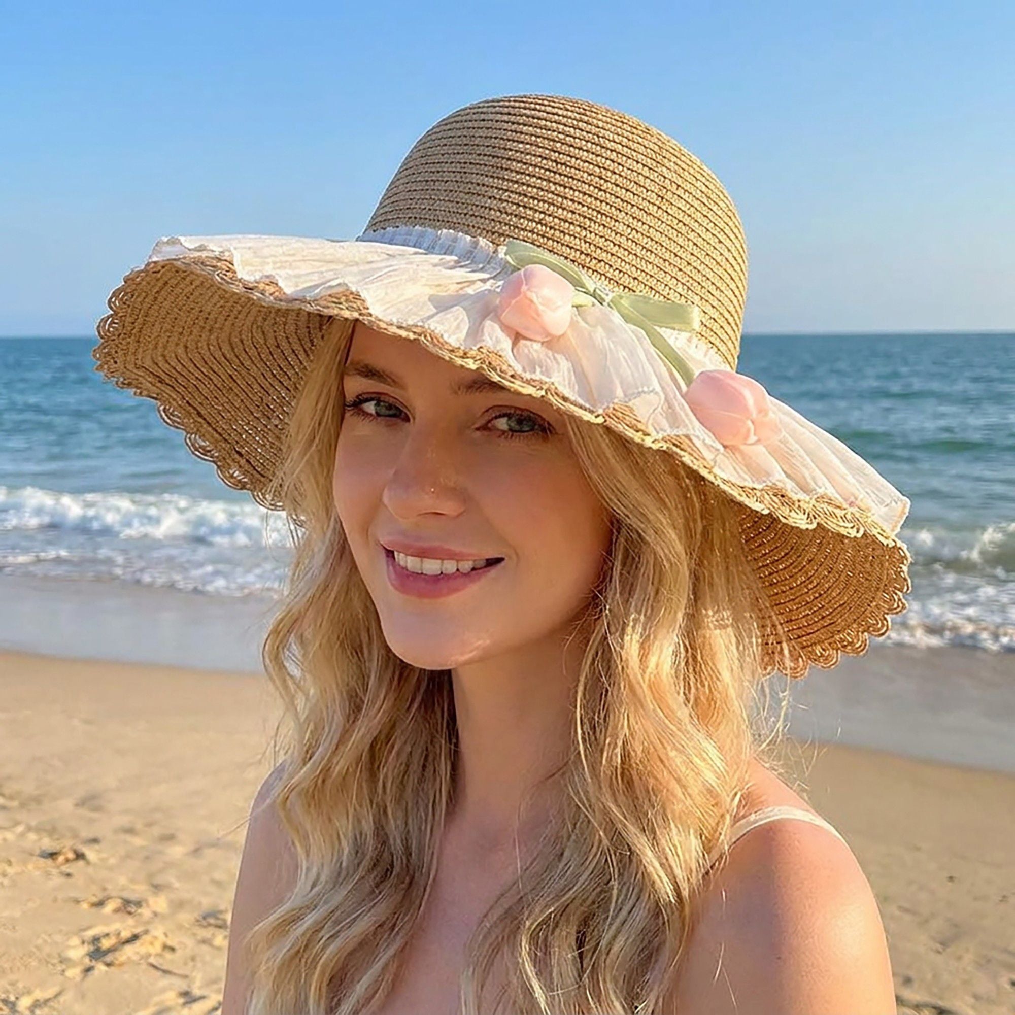 Wide Brim Straw Sun Hat with Pleated Sheer Brim Bow Accent and Floral Trim