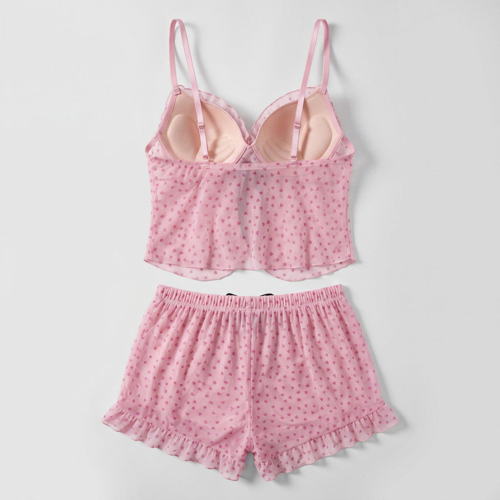 Heart Print Mesh Ruffle Cami and Shorts Lingerie Set