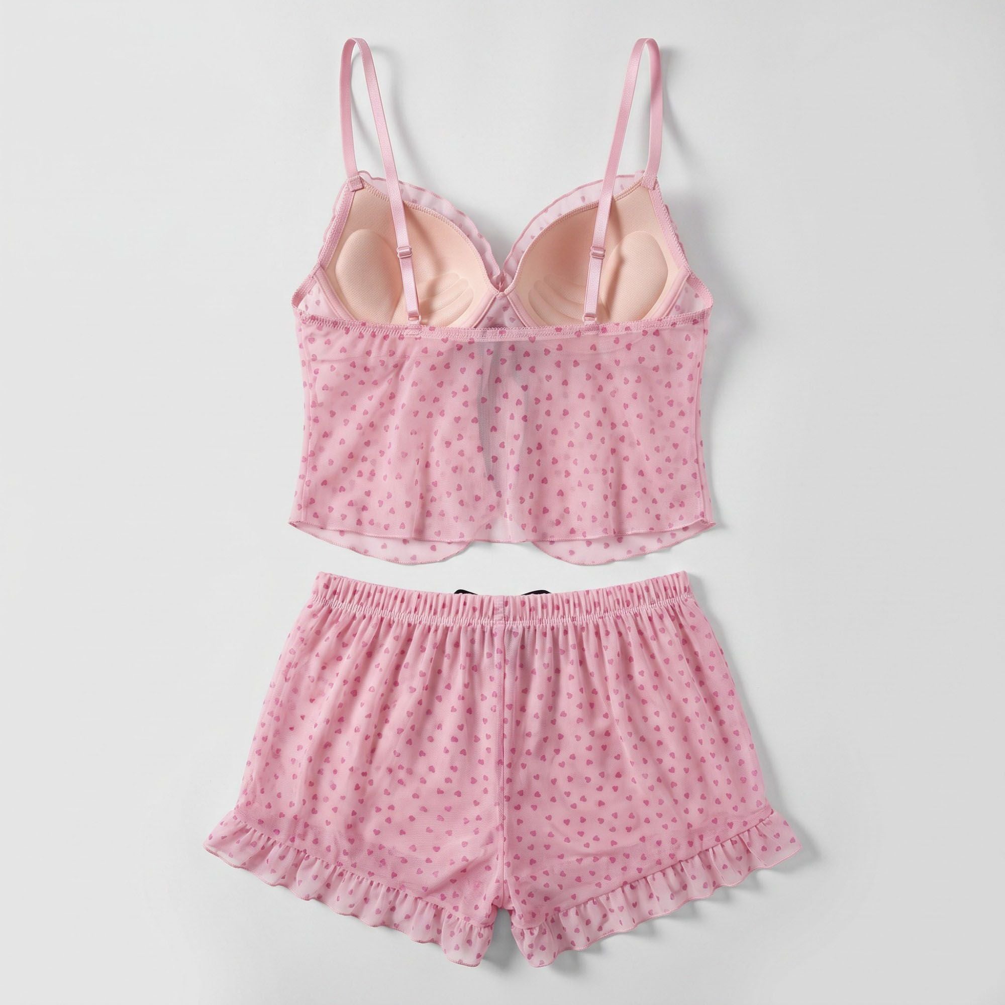 Heart Print Mesh Ruffle Cami and Shorts Lingerie Set