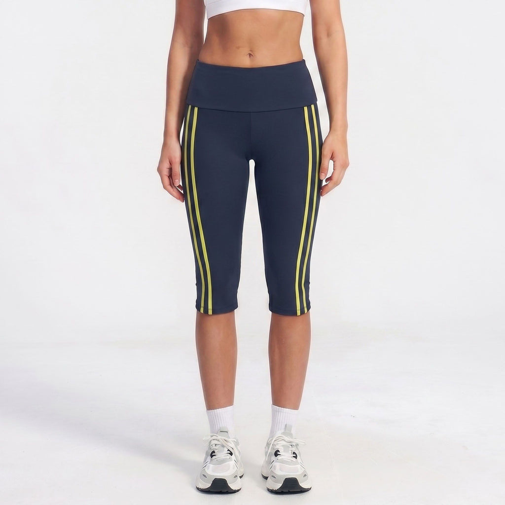 High Waist Side Stripe Capri Leggings Wide Waistband Cropped Workout Yoga Pants