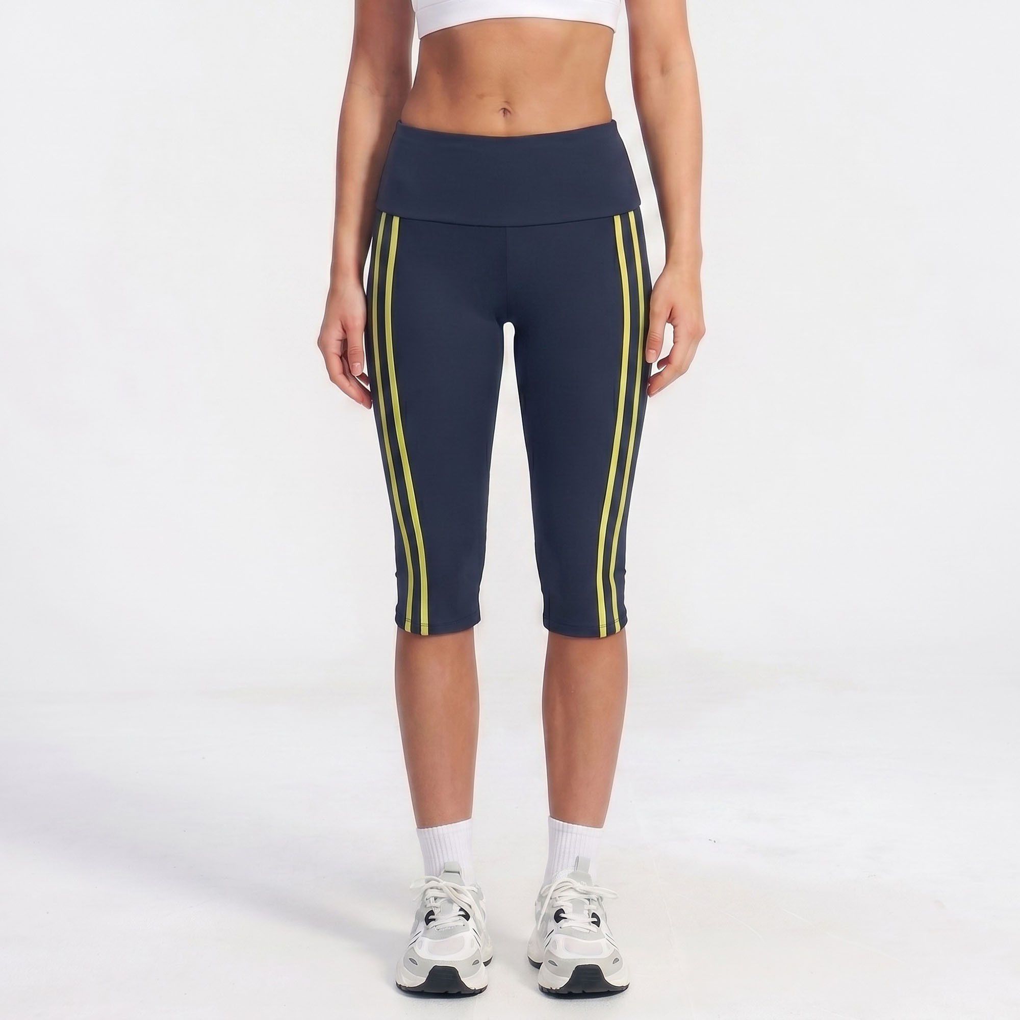 High Waist Side Stripe Capri Leggings Wide Waistband Cropped Workout Yoga Pants