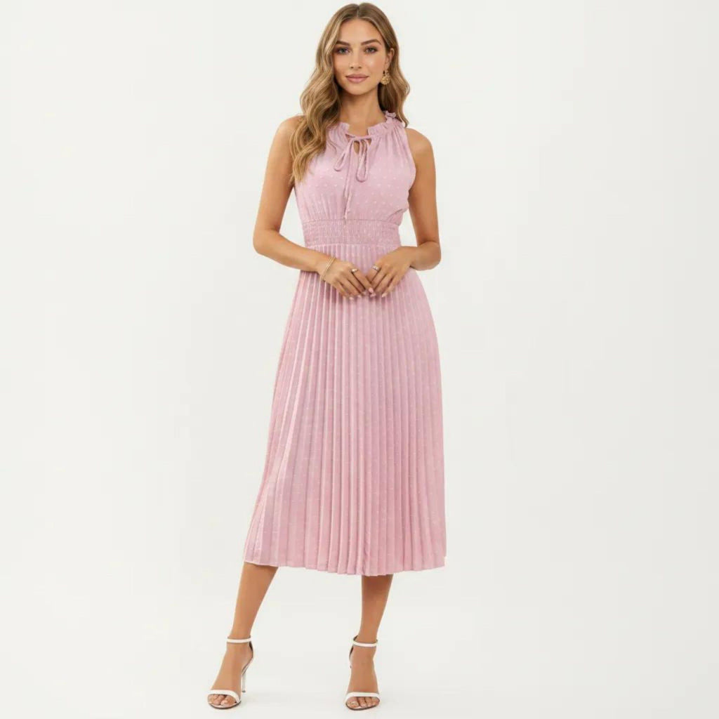 Anna-Kaci Women's Sleeveless Midi Dress with Pleated Skirt and Tie Neck Detail