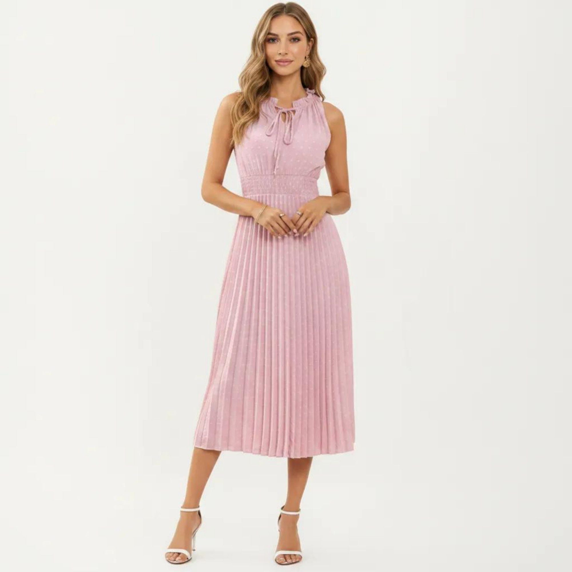 Anna-Kaci Women's Sleeveless Midi Dress with Pleated Skirt and Tie Neck Detail