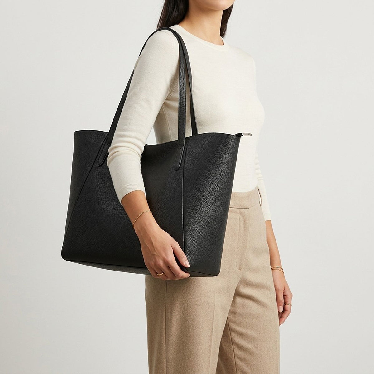 Large Faux Leather Zip Top Tote Bag with Double Shoulder Straps