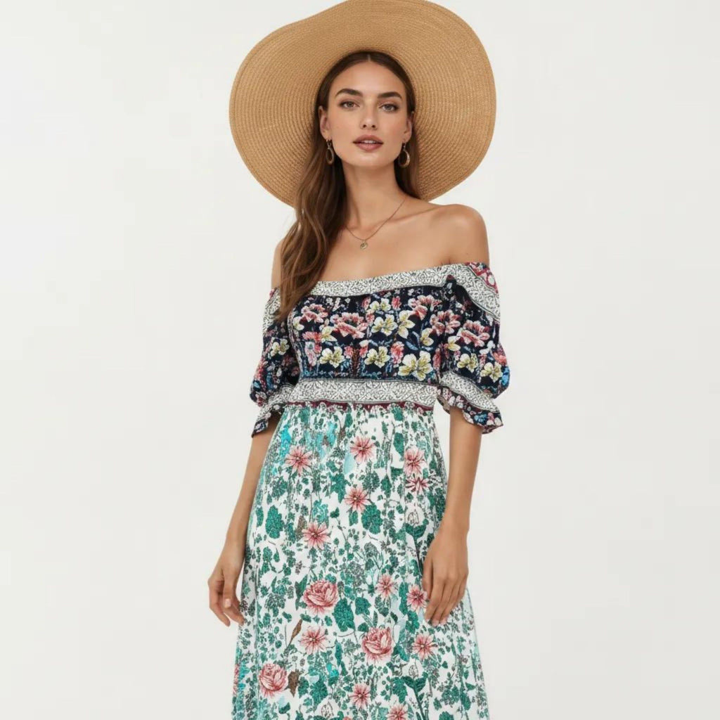Anna-Kaci Women's Puff Sleeve Maxi Dress with Mixed Floral Print and Border Hem