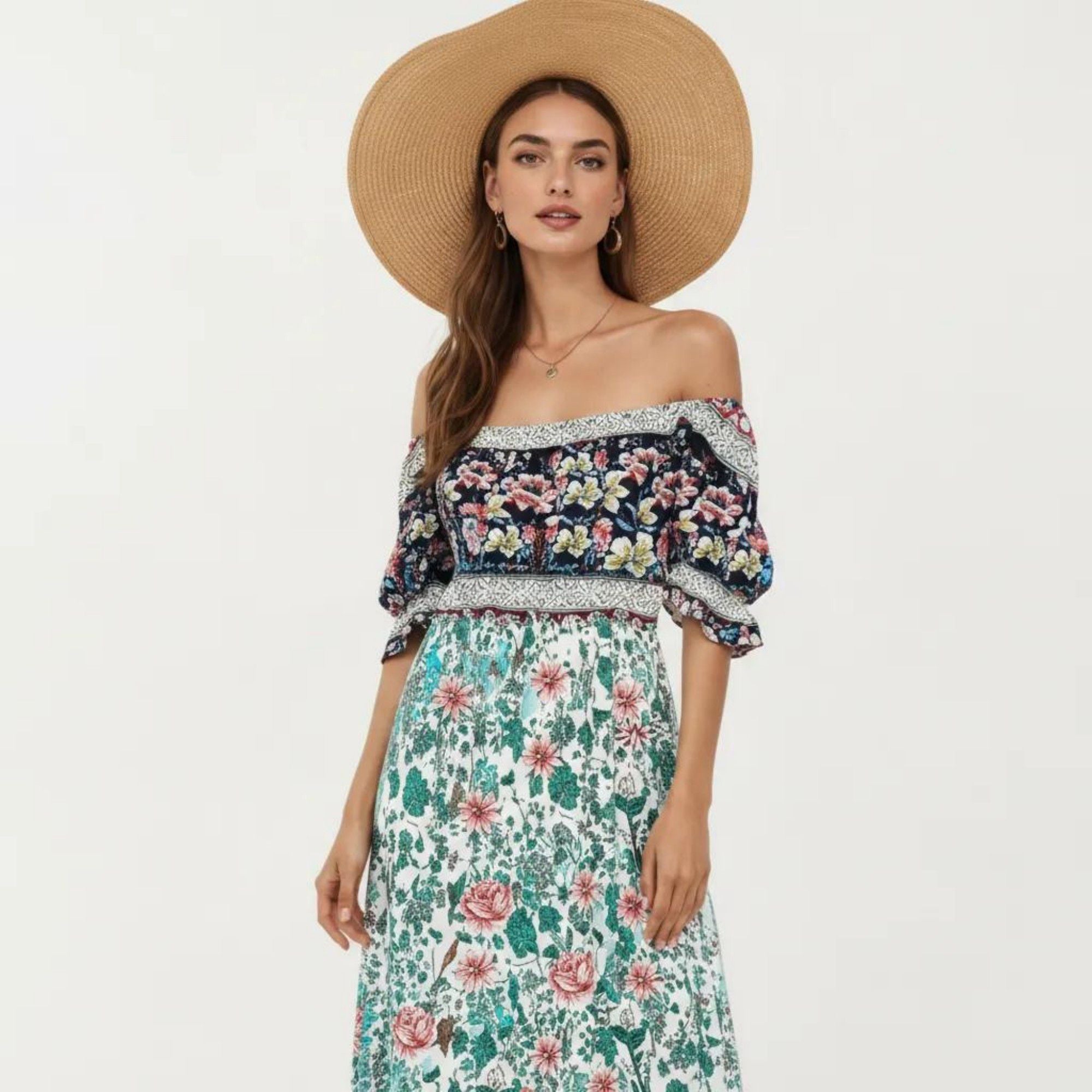 Anna-Kaci Women's Puff Sleeve Maxi Dress with Mixed Floral Print and Border Hem