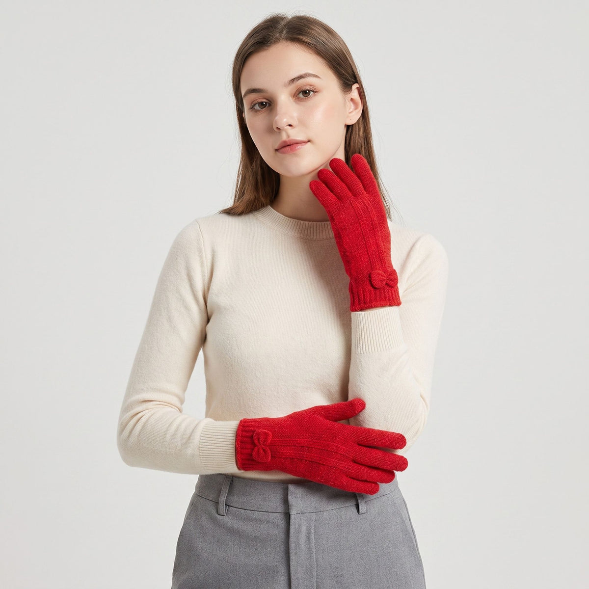 Knit Bow Detail Full Finger Gloves for Cold Weather