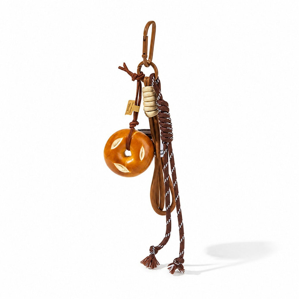 Pretzel Keychain Bag Charm with Brown Cord Tassel Carabiner Clip and Gold Tone Accent