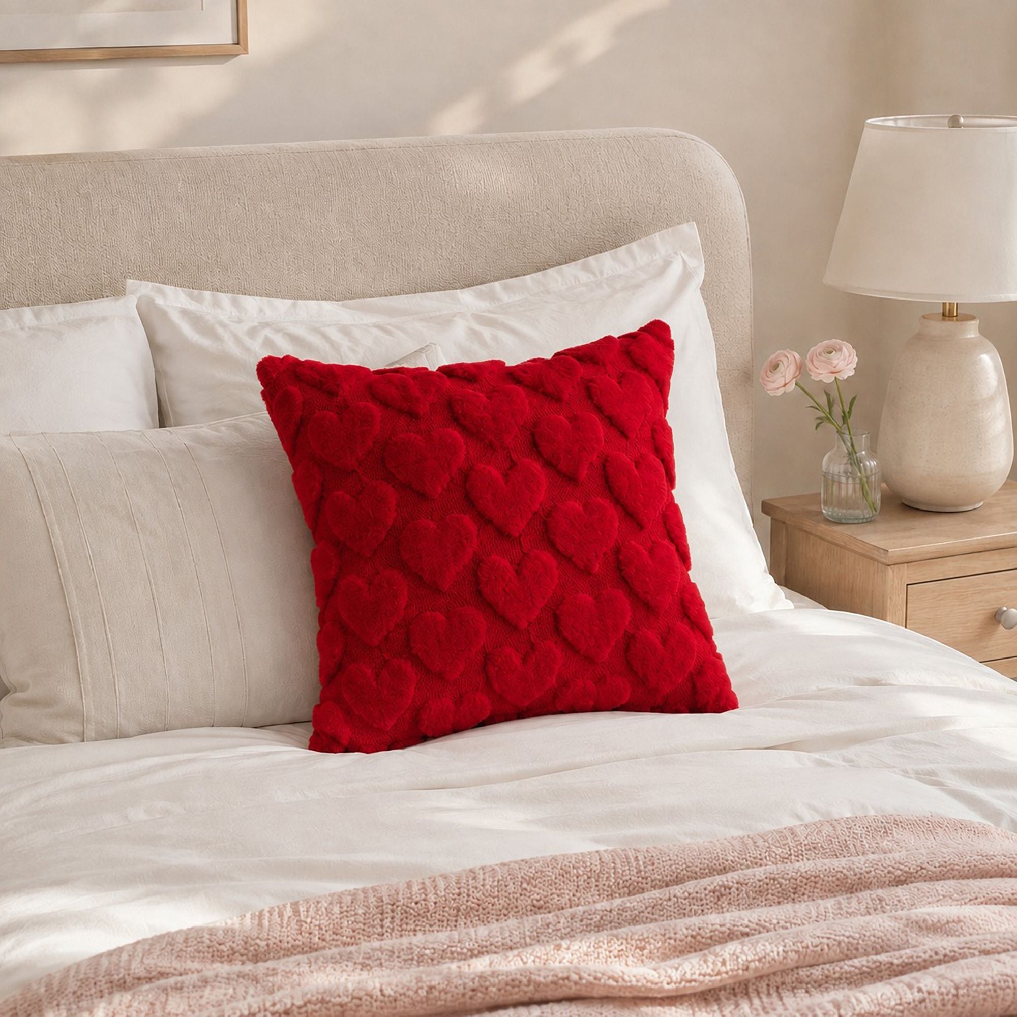 Plush Heart Textured Throw Pillow Cover for Couch Bed and Chair
