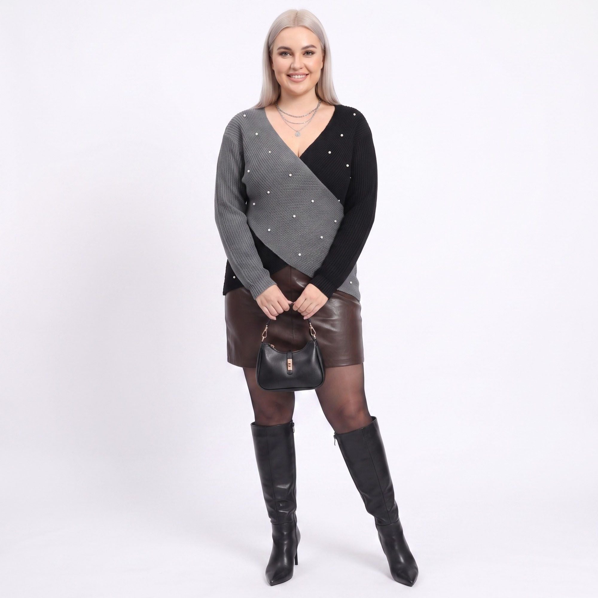 Plus Size Faux Pearl Colorblock Wrap Front Sweater