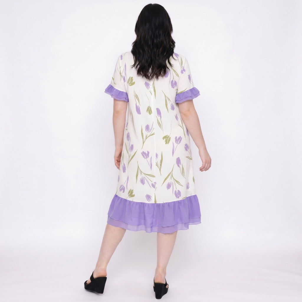 Short Sleeve Floral Midi Nightgown Ruffle Trim Relaxed Sleep Dress